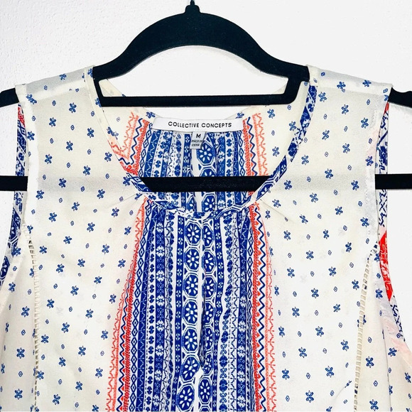 Collective Concepts White Blue Red Boho Printed Keyhole Tank Top Medium Women’s - Picture 2 of 10